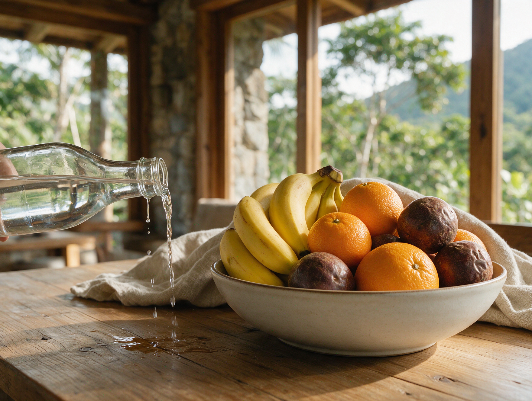 Bottled water and fresh peelable fruit on a dining table in Kenya