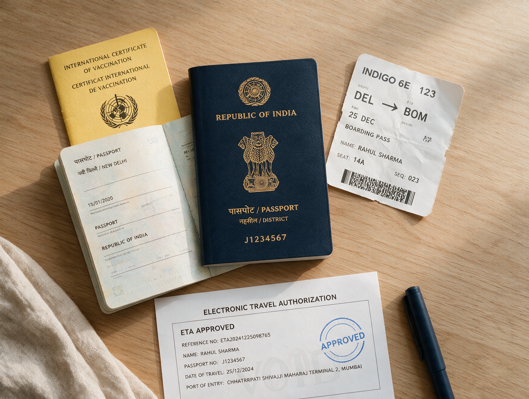 Passport, yellow fever certificate, and Kenya eTA approval document laid out before travel