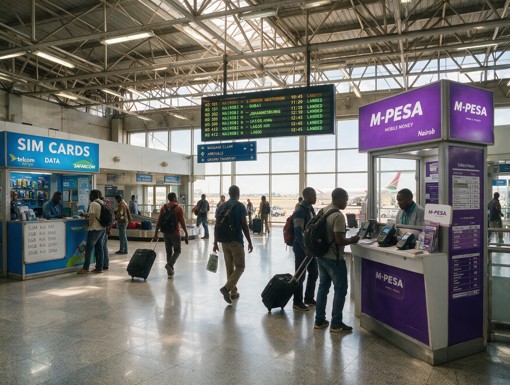 Arrivals hall at Jomo Kenyatta International Airport Nairobi with mobile SIM and M-Pesa kiosk