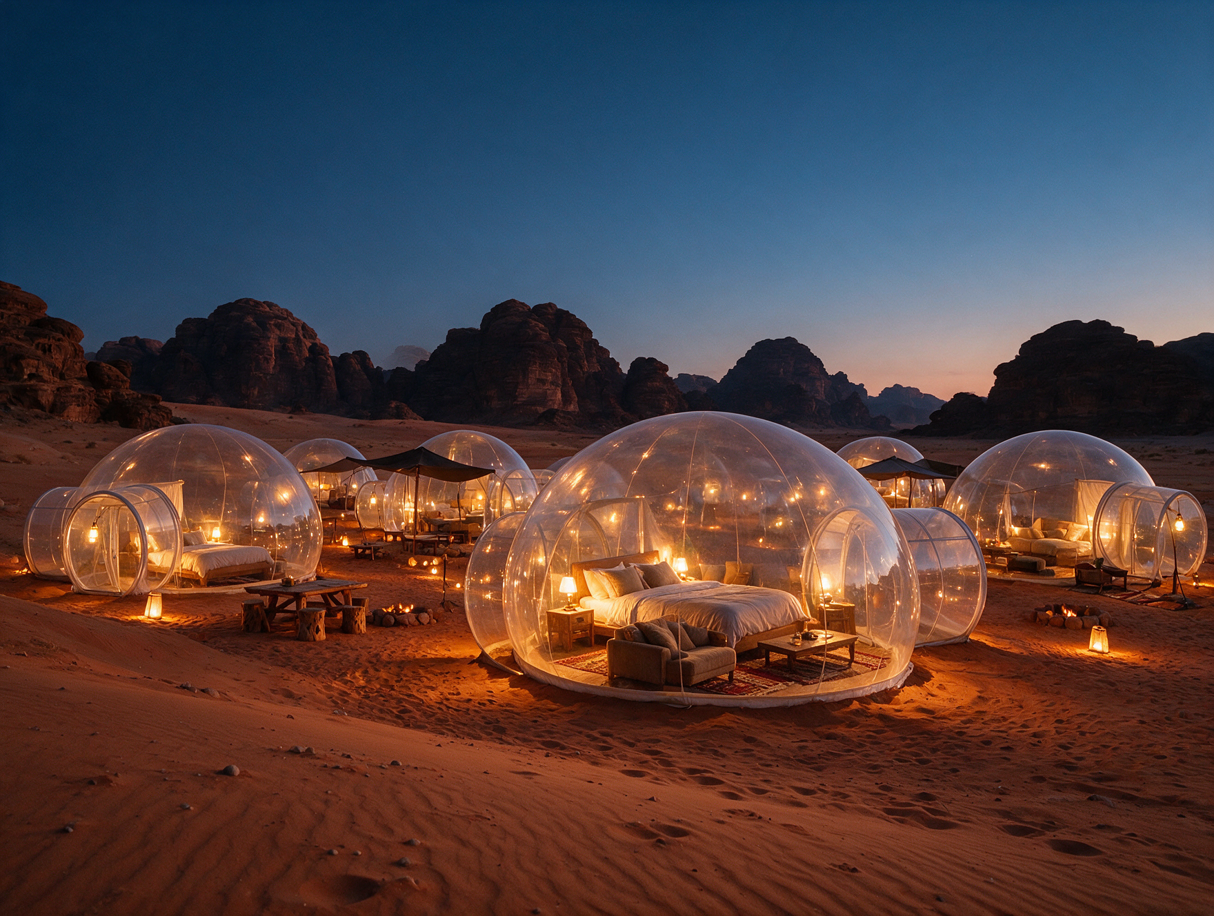 Luxury transparent bubble tent glamping camp in Wadi Rum desert, Jordan, at dusk with red sandstone mountains behind