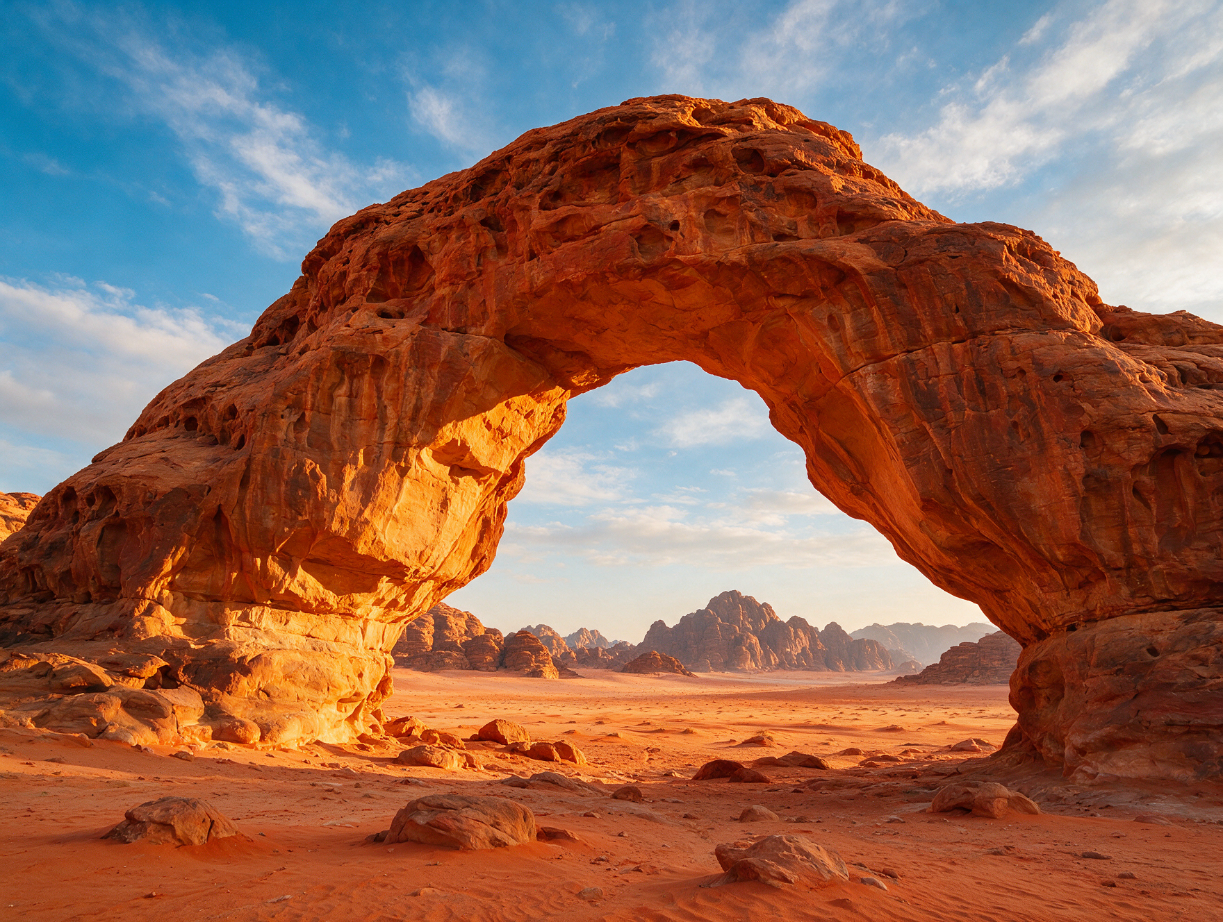 Weathered sandstone rock bridge formation in Wadi Rum desert, Jordan, in warm afternoon light