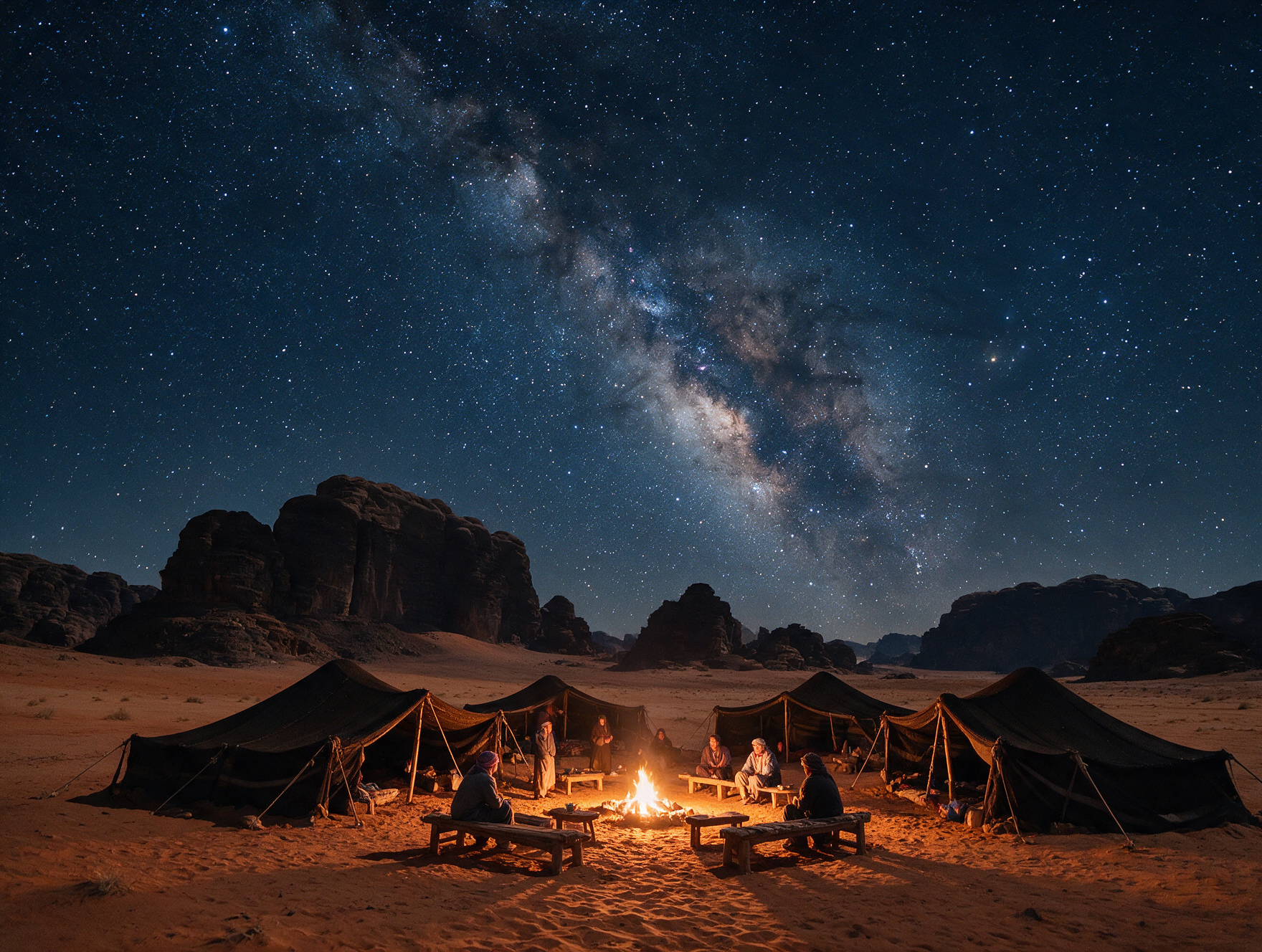 Milky Way and star-filled night sky over a Bedouin desert camp in Wadi Rum, Jordan