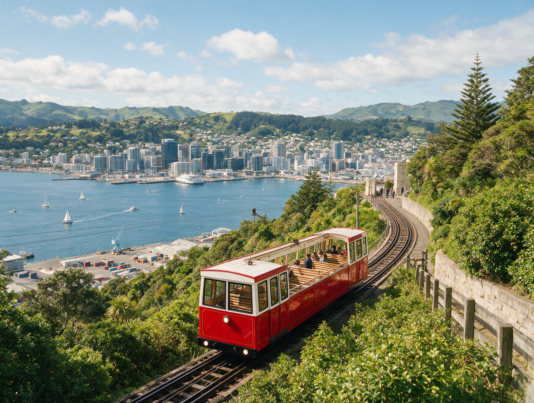 Wellington Cable Car funicular climbing a green hillside with harbour view