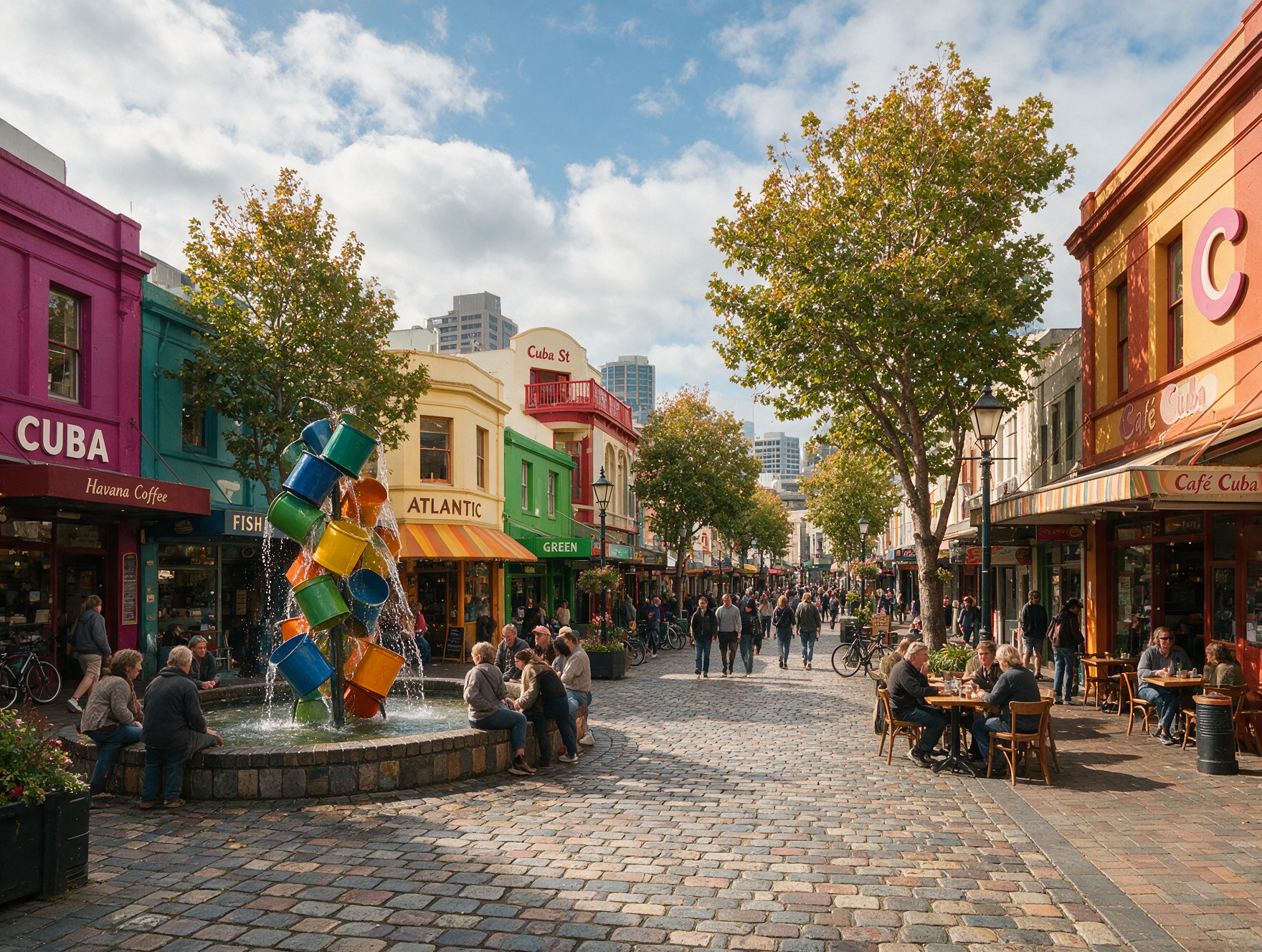 Colourful shopfronts and the Bucket Fountain on Cuba Street Wellington
